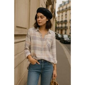 Side Stitch Shirt Womens L Plaid Button Down Soft Cotton Blend‎ Preppy Academia